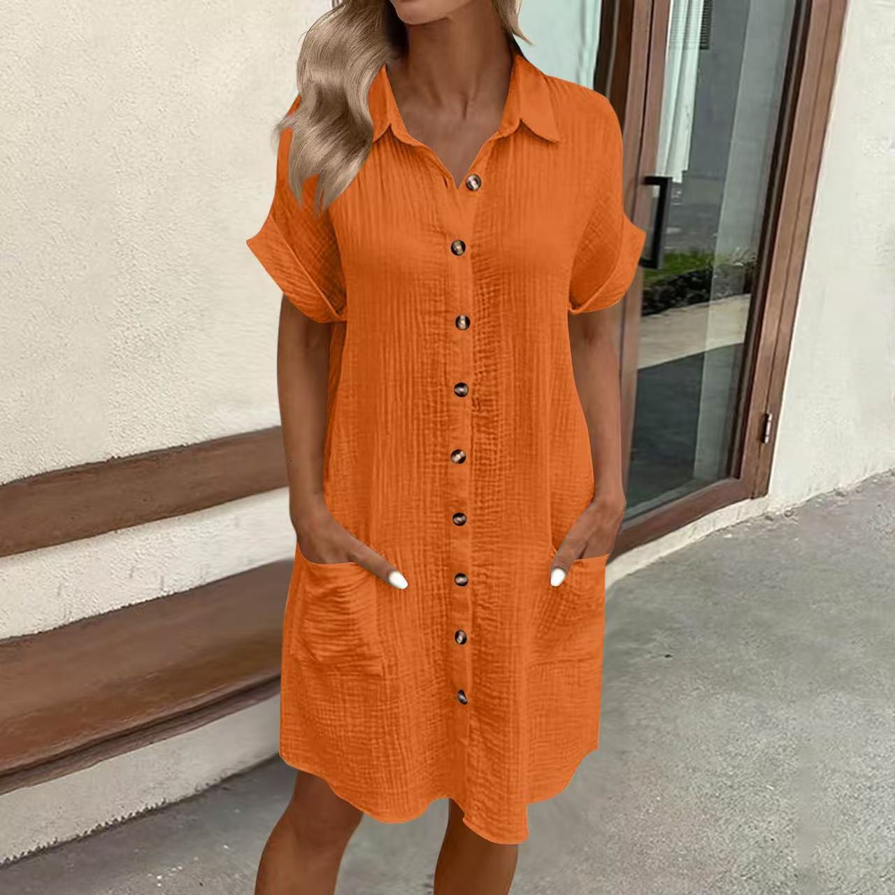 Robe mi-longue boutonnée en lin avec poches