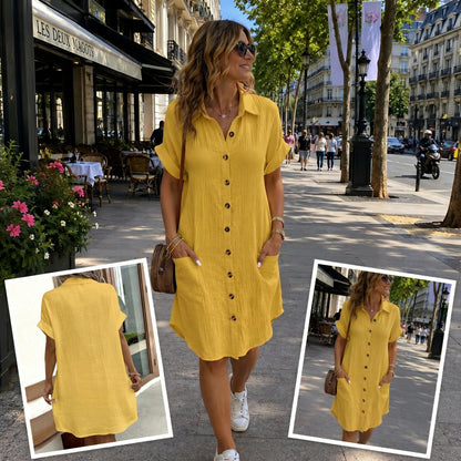 Robe mi-longue boutonnée en lin avec poches