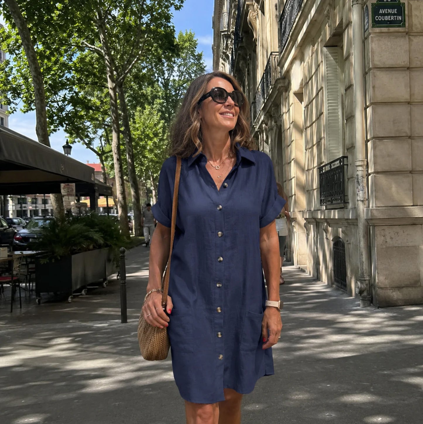 Robe mi-longue boutonnée en lin avec poches