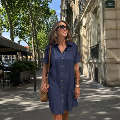 Robe mi-longue boutonnée en lin avec poches