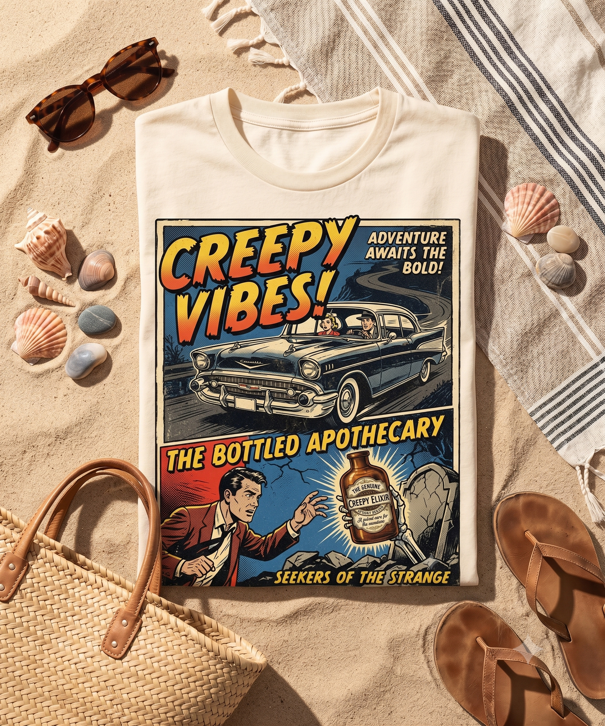 Vintage Horror Comic Poster Design, Creepy Vibes Retro Elixir PNG, Spooky Pop Art Graphic, Halloween Road Trip Digital Print PNG Sublimation