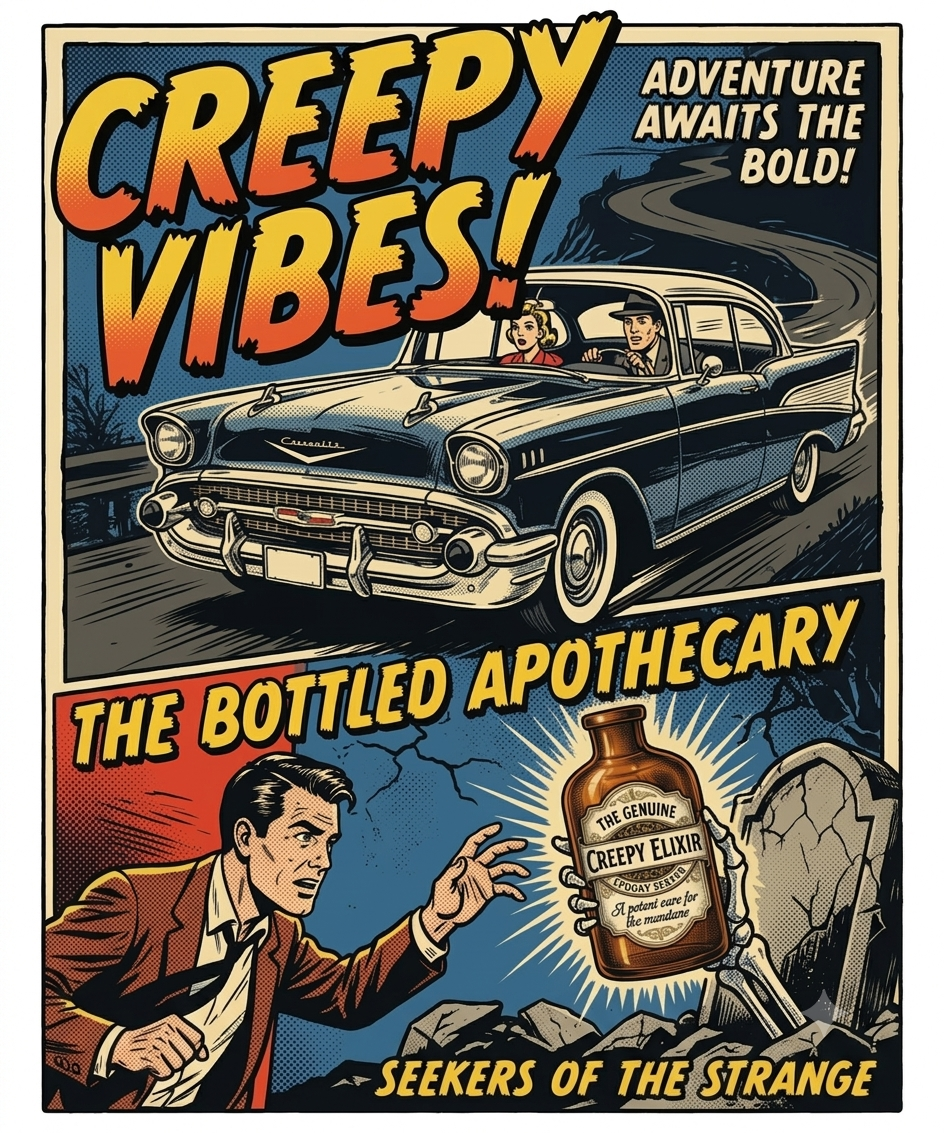 Vintage Horror Comic Poster Design, Creepy Vibes Retro Elixir PNG, Spooky Pop Art Graphic, Halloween Road Trip Digital Print PNG Sublimation