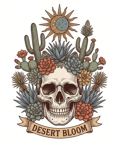 Desert Bloom Floral Skull PNG, Vintage Botanical Skull Graphic Clipart, Desert Cactus & Succulent Illustration, Western Boho T-Shirt Sublimation Design, Gothic Plant Art