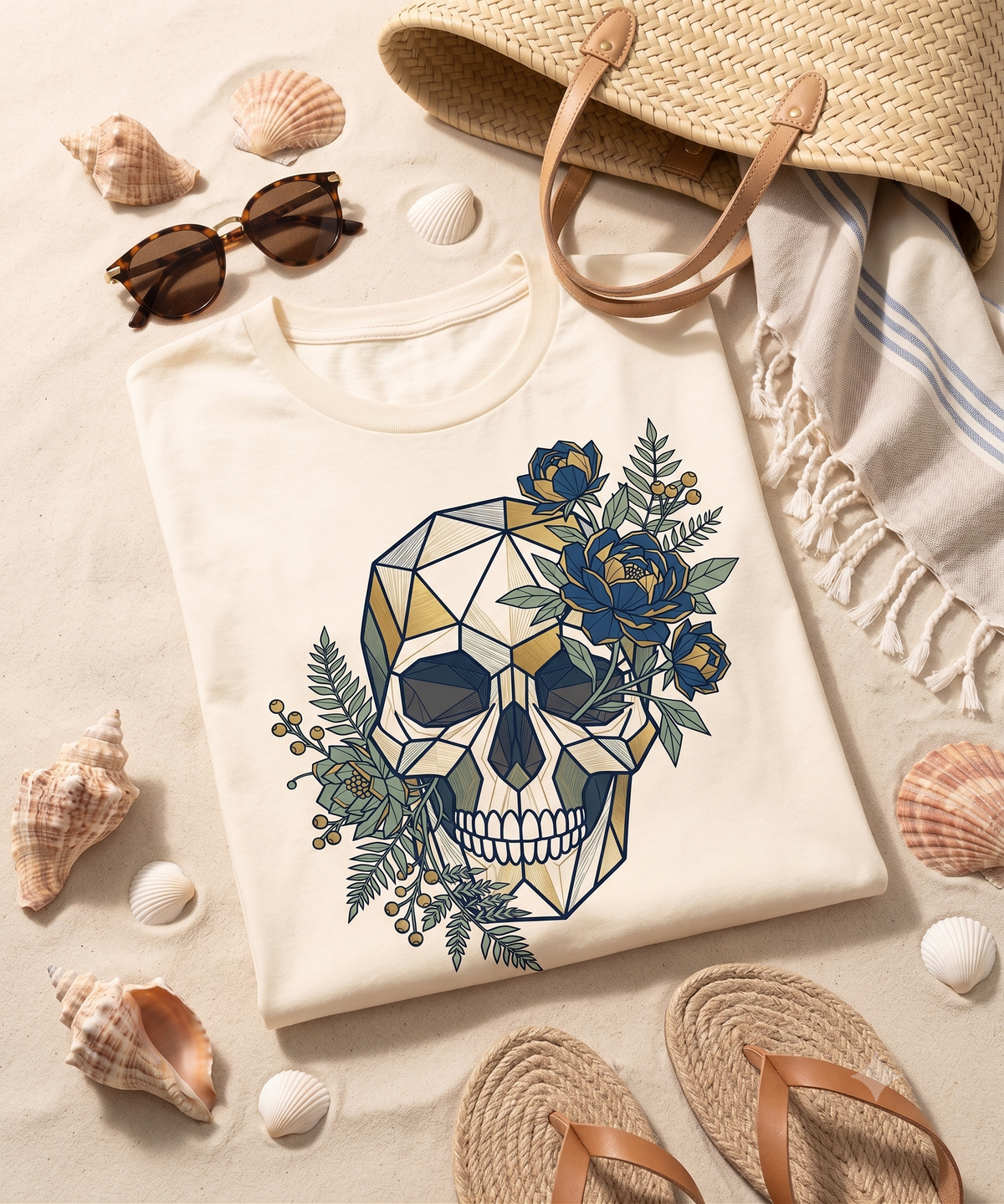 Geometric Floral Skull PNG T-Shirt Design, Boho Botanical Skull Clipart, Sugar Skull Print on Demand Digital Download, Vintage Flowers Shirt