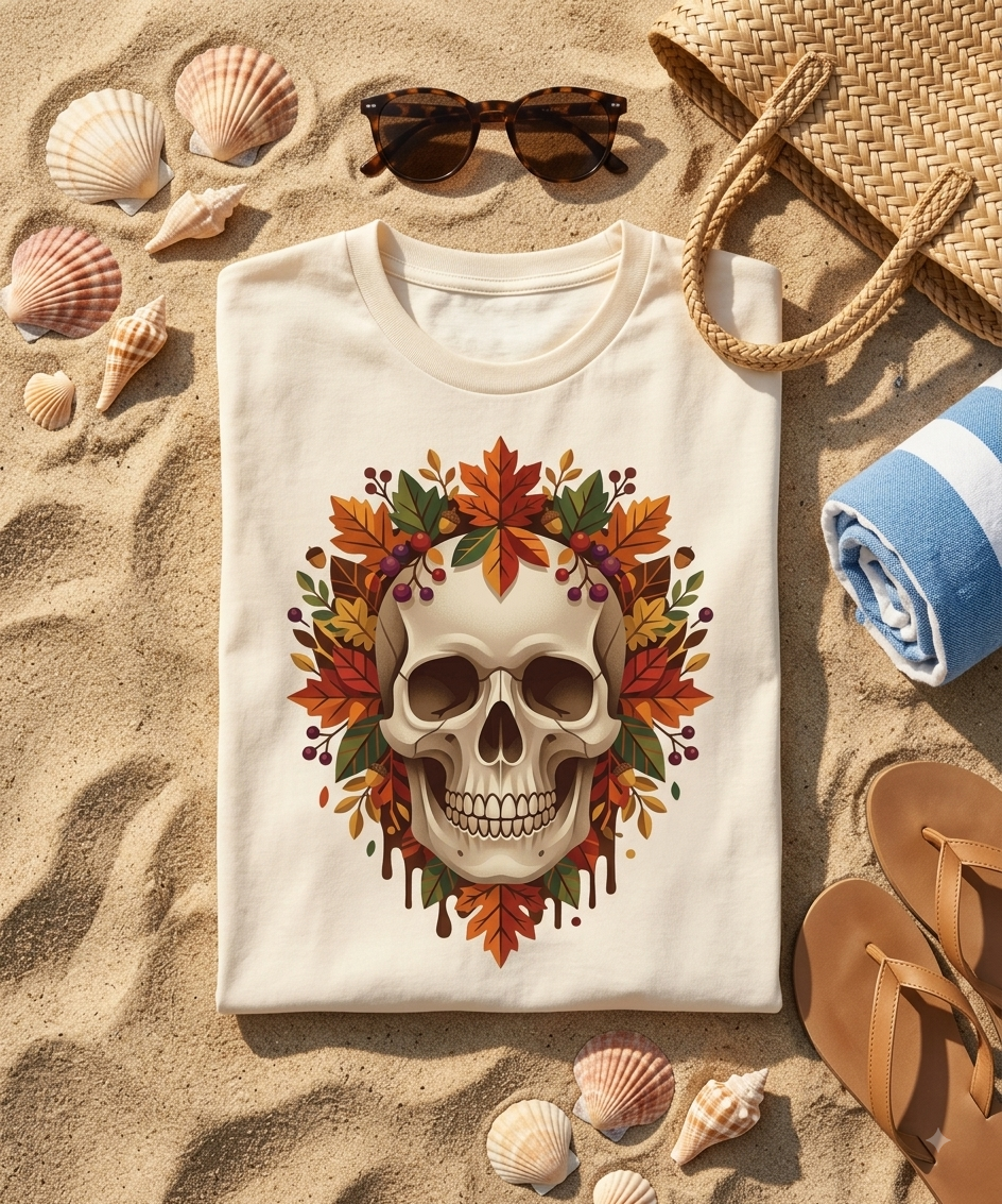 Autumn Skull PNG Design, Fall Foliage Skull Clipart, Botanical Gothic Halloween PNG, Fall Leaves Floral Skeleton Sublimation T-Shirt Design