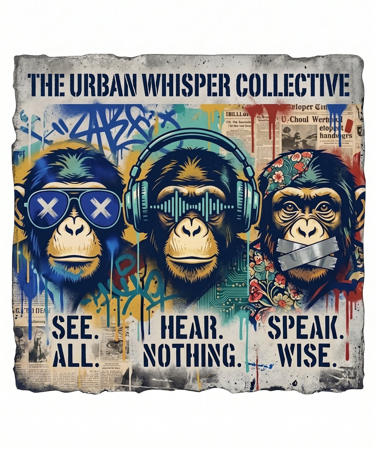 Three Wise Monkeys Street Art PNG, Urban Graffiti Monkey Clipart, See All Hear Nothing Speak Wise Sublimation Design, Edgy Chimp Printable Art